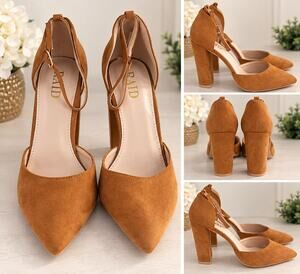RAID Tan Cognac Suede Pointed Toe Ankle Strap Block Heel Pumps (UK4 US size 6)